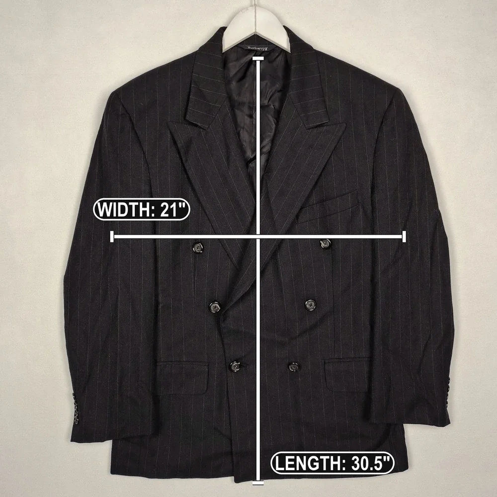 Burberrys Vintage Double Breasted Wool Pinstripe Blazer Jacket Navy Black